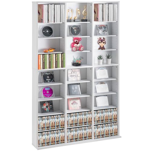 VEVOR Media Storage Cabinet, 9-Layer DVD Shelf, Adjustable CD Shelves 27 Compartments, Protects & Organizes Music, Movie, Video Games or Memorabilia Collections,White - color: White, size: 37.36 x 7.17 x 60.55 inches