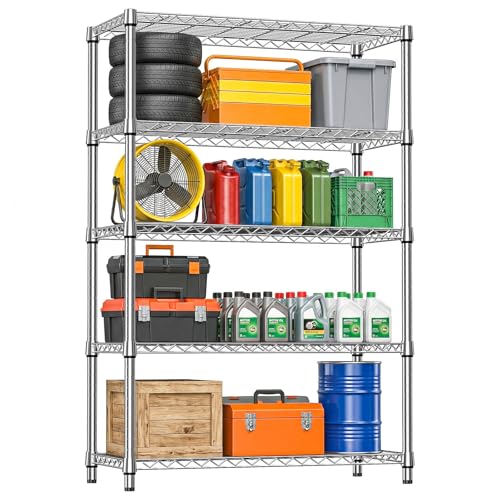 IZEUK 5-Tier Metal Storage Shelving Unit, Heavy Duty Chrome Wire Rack, Adjustable Shelves, 1750 lbs, 17.7" D x 47.2" W x 72.3" H, Garage Storage, Kitchen Pantry Organizer, Basement & Laundry Shelf - color: Chrome, size: 17.7" D x 47.2" W x 72.3" H