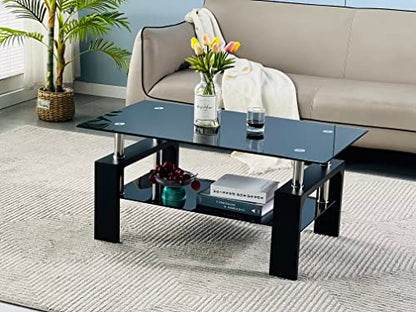 Btrpily Living Room Rectangle Coffee Table, Tea Table Suitable for Waiting Room, Modern Side Coffee Table with Wooden Leg, Glass Tabletop with Lower Shelf, 39.5D x 23.5W x 17.5H in, Black - color: Black