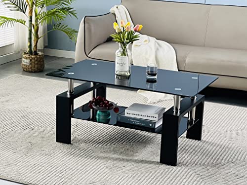 Btrpily Living Room Rectangle Coffee Table, Tea Table Suitable for Waiting Room, Modern Side Coffee Table with Wooden Leg, Glass Tabletop with Lower Shelf, 39.5D x 23.5W x 17.5H in, Black - color: Black