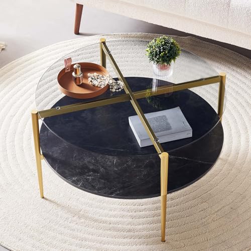 LumFurn Round Coffee Table for Living Room, Mid-Century Modern Design, D30 x H17, 2-Tier Structure, Grey Glass Top and Black Marble Finish Wood Shelf, Sleek Conical Metal Legs with Gold Finish Frame - color: Grey & Black Marble, size: D30" Round Coffee Ta
