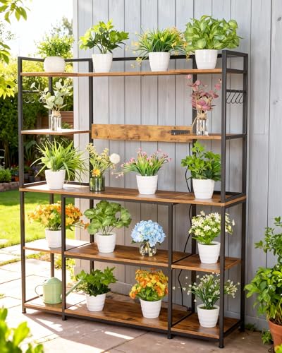 Garvee Kitchen Bakers Rack with Power Outlet 55 * 66inch, Microwave Oven Stand with Storage 4 Tiers, Coffee Bar Table with 6 S Hooks, Kitchen Storage Shelf Rack for Spices, Pots, Rustic Brown - size: 55*66