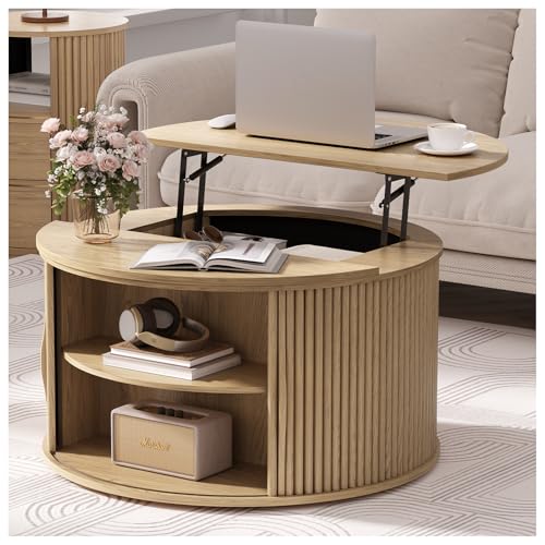 JOINICE Round Lift Top Coffee Table with Storage for Living Room,Oak | 31.5" Drum Design,Hidden Storage&Open Shelf,Boho Fluted Center Table for Small Apartments,Easy Assembly,Up to 150 lbs