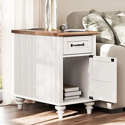 WAMPAT White End Table with Charging Station, Wood Side Table with 1 Drawer &1 Storage Cabinet, Mid Century Modern Nightstand with Power Outlets & USB Ports for Living Room, Bedroom - color: Off White
