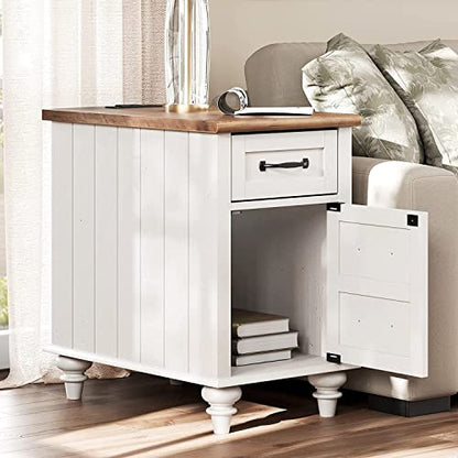 WAMPAT White End Table with Charging Station, Wood Side Table with 1 Drawer &1 Storage Cabinet, Mid Century Modern Nightstand with Power Outlets & USB Ports for Living Room, Bedroom - color: Off White