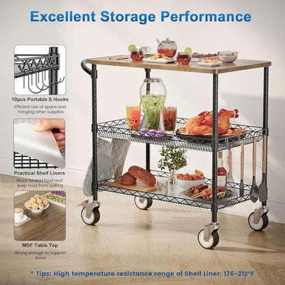 Rolling Kitchen Carts with Wheels, 3-Tier Utility Cart with Wood Tabletop | NSF Commercial Metal Serving Cart with Handle and Shelf Liner for Kitchen Snacks,34"D x 17.5"W x 32.5"H,Black - color: Wood-black