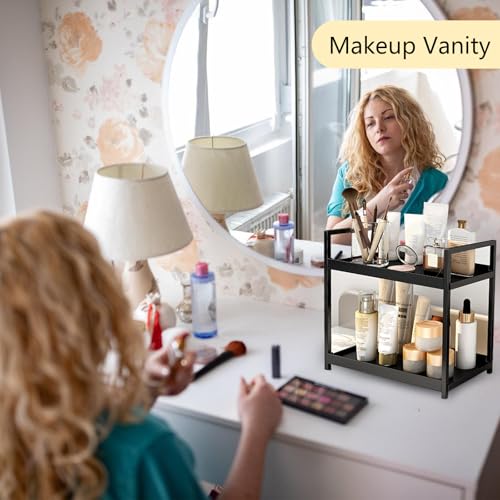 2-Tier Bathroom Countertop Organizer Multifunctional Vanity Tray Cosmetic and Makeup Storage Rack Kitchen Spice Shelf Freestanding Organizer (Black) - color: Black