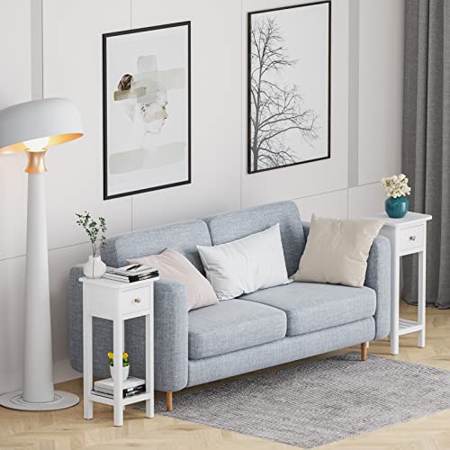 Giantex Tall End Table Set of 2, Narrow Side Table with Drawer and Shelf, Acacia Wood Nightstand for Living Room, 2-Tier Bedside Table for Small Space, No Assembly, White - color: White