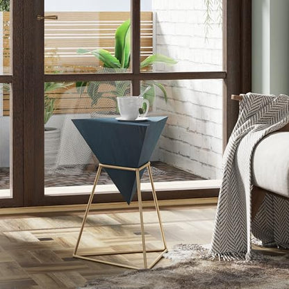 COZAYH Modern Geometric End Table with Wooden Top and Golden Metal Base, Unique Pyramid Side Table Plant Stand for Office, Living Room, Bedroom, Fully Assembled, Triangle, Blue - color: Blue