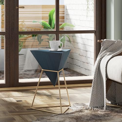 COZAYH Modern Geometric End Table with Wooden Top and Golden Metal Base, Unique Pyramid Side Table Plant Stand for Office, Living Room, Bedroom, Fully Assembled, Triangle, Blue - color: Blue