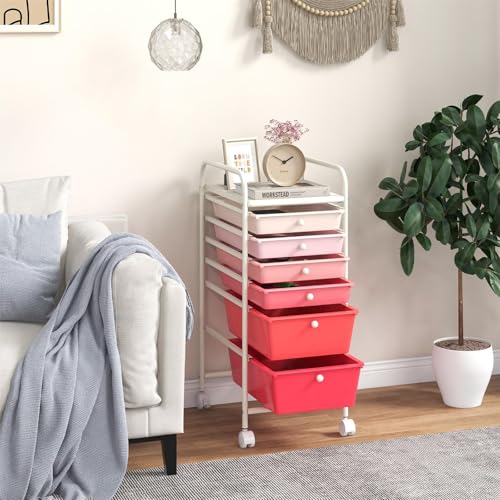 DREAMADE Rolling Cart with Storage Drawers, Utility Cart with Removable Plastic Drawers, Lockable Wheels, Art Cart for Classroom Organization Art Supplies Office Scrapbook (6 Drawers, Mixed-pink) - color: Mixed-pink, style: 6 Drawers