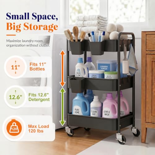 3 Tier Black Heavy Duty Rolling Cart on Wheels, Metal Utility Storage Shelves with Hanging Cup, Three Tiered Craft Carts Organizer, Shelf Cart for Bedside, Kitchen, Art, Snack, Pantry, Laundry Supply - color: Black