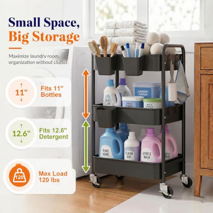 3 Tier Black Heavy Duty Rolling Cart on Wheels, Metal Utility Storage Shelves with Hanging Cup, Three Tiered Craft Carts Organizer, Shelf Cart for Bedside, Kitchen, Art, Snack, Pantry, Laundry Supply - color: Black
