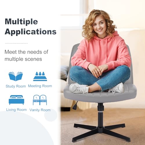 OLIXIS Criss Cross Chair, Vanity Chair, Home Office Desk | Armless No Wheels Wide Seat, Height Adjustable Swivel, Faux Leather, Bedroom Student Study, Grey Dual Base - color: Grey Dual Base