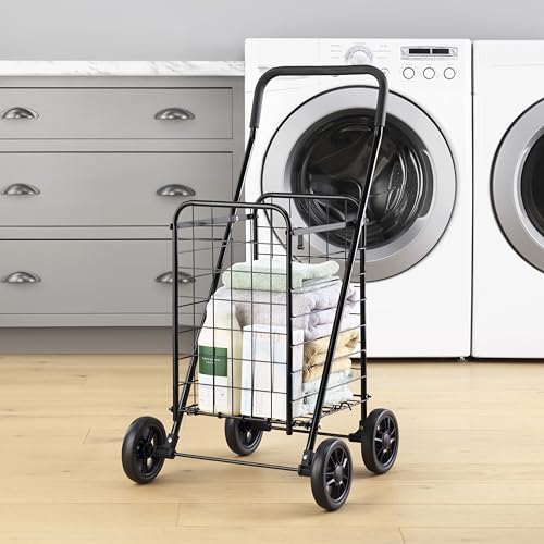 Whitmor Foldable Utility Shopping Cart with Wheels, Heavy Duty Metal Grocery Cart, Portable Foam Handle, Rolling Collapsible Trolley for Groceries, Laundry, Storage, Black - size: 19.5"L x 18.5"W x 34.5"H, Black