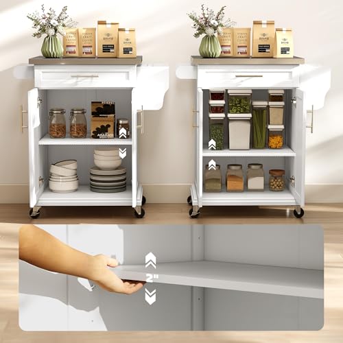 HOMCOM Kitchen Island on Wheels, Rolling Kitchen Cart with Stainless Steel Countertop, Drawer, Towel Rack and Spice Rack, Utility Storage Trolley, White - color: White