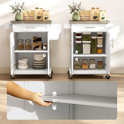 HOMCOM Kitchen Island on Wheels, Rolling Kitchen Cart with Stainless Steel Countertop, Drawer, Towel Rack and Spice Rack, Utility Storage Trolley, White - color: White
