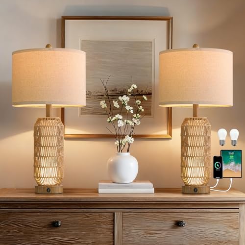OYEARS 25" Table Lamps Set of 2 with Night Light,Bedside Lamps for Bedroom,Boho Lamps with USB C+A Charging Ports,Farmhouse Table Lamp with Rattan,Frosted Glass,Linen Shade (Wood Grain,Bulb Included) - color: Wood-Grain
