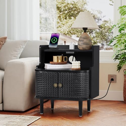 Storage End Table with 2 Door, Bed Side Table with Charging Station, Metal Rattan Nightstand for Bedroom, Desk Side Table for Living Room Couch Sofa, Office, Small Spaces - Black - size: Door Black-1pcs