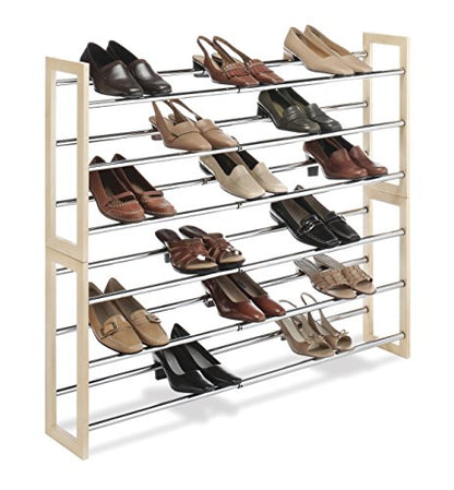 Whitmor 3 Tier Expandable Shoe Rack -Stackable - Natural Wood and Chrome - color: Wood & Chrome