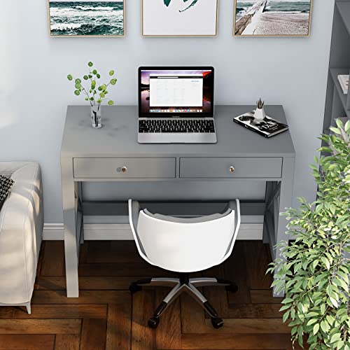 ChooChoo 40 Inches Farmhouse Computer Desk with 2 Drawers | Wooden Writing Desk, Study Desk for Home Office, Makeup Vanity, Grey - color: Grey, size: 40inch without Power Outlet