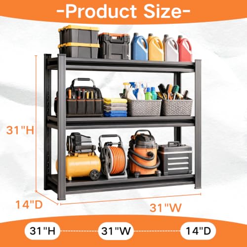 Garage Shelving, Heavy Duty Storage Shelves, Adjustable Boltless Units | Metal Shelving with Double Layer Posts, Industrial Steel Shelving for Garage Basement Warehouse Kitchen, Black, 31H*31W*14D - size: 31W*31H*14D-3T