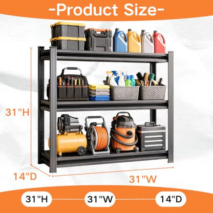 Garage Shelving, Heavy Duty Storage Shelves, Adjustable Boltless Units | Metal Shelving with Double Layer Posts, Industrial Steel Shelving for Garage Basement Warehouse Kitchen, Black, 31H*31W*14D - size: 31W*31H*14D-3T