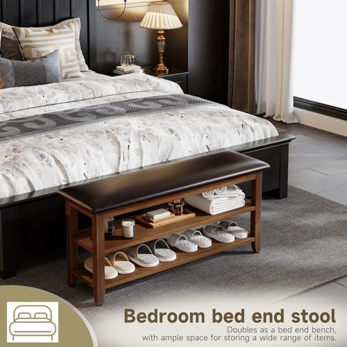 Shoe Bench with Leather Cushion,Rubberwood Bench with Shoe Rack | 2-Tier Shoe Storage Organizer for Entryway,Hallway,Living Room - size: 2-Tier-39.4"