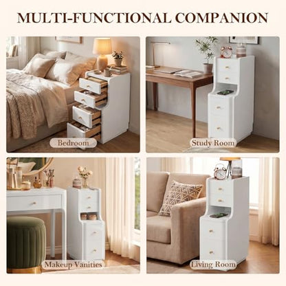 Narrow Nightstand with 4 Drawers, 7.9" Solid Wood Narrow Bedside Table White with Open Shelf & Cable Hole, Modern Night Stand Slim Bedside Table for Bedroom(Fully Assembly) - color: White