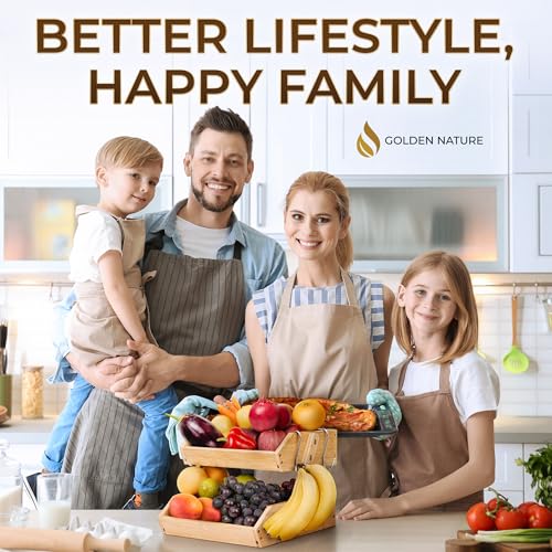Fruit Basket with Banana Hanger - 2-Tier Bamboo Storage Organizer | Golden Nature space-saving stand holder bowl keeps fruits and vegetables organized, visible, and within easy reach
