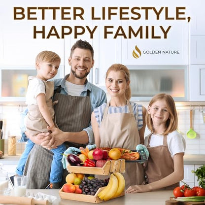 Fruit Basket with Banana Hanger - 2-Tier Bamboo Storage Organizer | Golden Nature space-saving stand holder bowl keeps fruits and vegetables organized, visible, and within easy reach
