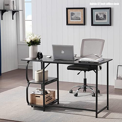 Anivia Gaming Computer Desk, Small Home Office Desk with 2 Storage Shelves, 47" Writing Desks Industrial Simple Style Wood Table Metal Frame for PC Laptop Notebook（Black） (47-B) - color: Black Marbling