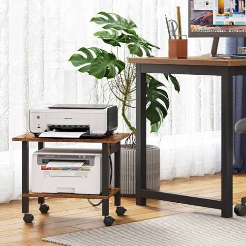 TUTOTAK Printer Stand, 2 Tier Rolling Printer Cart with Charging Station | Small Under Desk Printer Table with Wheels for Small Space, Office, Home, Brown PS01BB001P - color: Brown, size: 2 tier(18.9 x 11.8 x 15.4inchs)