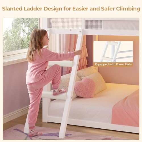 BTHFST Low Bunk Bed Twin Over Twin with 7 Large Fabric Drawers & Bookshelf, Metal Bunk Bed with RGB LED Lights & Slanted Ladder & Safety Guardrail, Kids Low Loft Bed Twin for Small Space, White - color: White