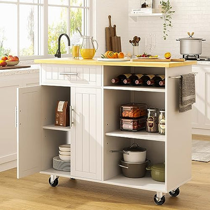 SUNLEI Kitchen Island with Storage Cabinet, 42" Kitchen Cart on Wheels with Shelves, Cart Handle for Towel Rack or Free Mobility, Portable Islands for Kitchen(Stylish White, 42-INCH) - size: 42 INCH, style: White