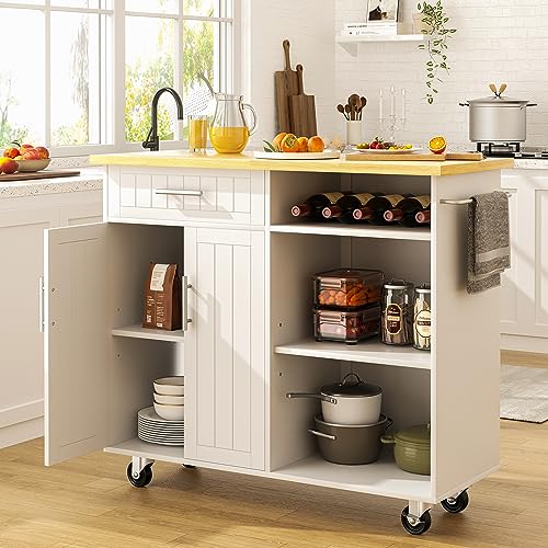 SUNLEI Kitchen Island with Storage Cabinet, 42" Kitchen Cart on Wheels with Shelves, Cart Handle for Towel Rack or Free Mobility, Portable Islands for Kitchen(Stylish White, 42-INCH) - size: 42 INCH, style: White