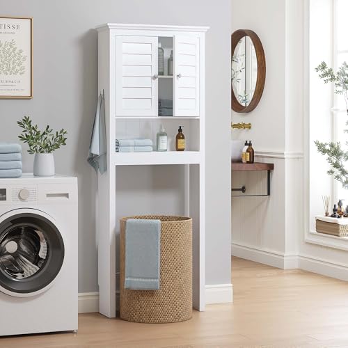 Spirich Over The Toilet Storage Cabinet with Louvered Doors & Hooks, White | Space-Saving Bathroom Organizer, Adjustable Shelf & Bottom Crossbar, 34.4-Inch Clearance, Anti-tip Device, FSC-Certified MDF - style: Louvered Door