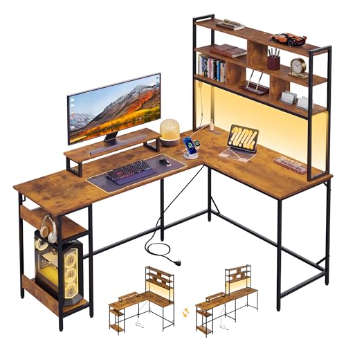 DEVAISE 66 Inch L Shaped Gaming Desk with Drawers and Storage, Corner Desk with LED Lights, Power Outlets, Computer Desk with Monitor Stand, Office Desk for Home, Rustic Brown - color: Rustic Brown, size: 66 Inch