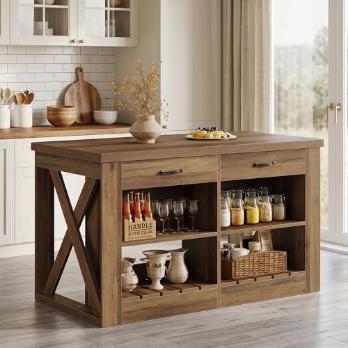 Tribesigns 55" Kitchen Island with Storage Drawers and Shelves, Farmhouse Large Island Table for Kitchen, Dining Room