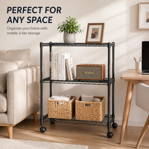 Simple Deluxe 3-Tier Heavy Duty Adjustable Storage Shelf with Wheels, 23.23”W x 13.39”D x 30.31”H, Mobile or Stationary Metal Shelving Unit, Easy Assembly for Kitchen, Pantry, Laundry Room, Black - size: 3-Tier, 23.23”W x 13.39”D x 30.31”H, style: 1 Pack
