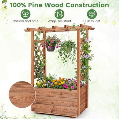 Giantex Raised Garden Bed with Sided Trellis & Roof, 31”x16”x41” Wood Elevated Planter Box, Freestanding Garden Planter Raised Bed for Flowers Herbs Climbing Vines,Brown,1 - color: Brown, size: 31”x16”x41”