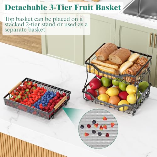Giwil 3 Tier Countertop Fruit Mesh Basket for Kitchen, Vegetable Storage Bread Fruit Bowl Stand with 2 Banana Hooks, Wall Mounted Metal Wire Basket Organizer for Potato Onion, Black - size: 3 Tier Mesh Basket Top