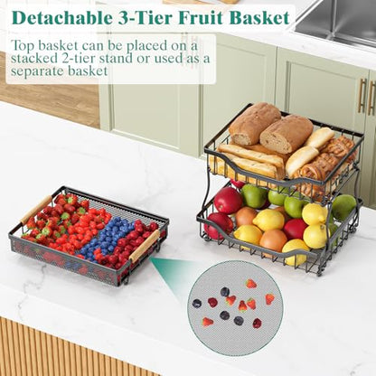Giwil 3 Tier Countertop Fruit Mesh Basket for Kitchen, Vegetable Storage Bread Fruit Bowl Stand with 2 Banana Hooks, Wall Mounted Metal Wire Basket Organizer for Potato Onion, Black - size: 3 Tier Mesh Basket Top