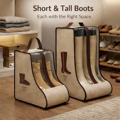 4 Pack Portable Boot Storage Bag,2 Tall & 2 Short Boot Storage Bag with Clear Window, Zipper and Handle, Travel Friendly Shoe Storage for Boots, Closet Organization,Beige