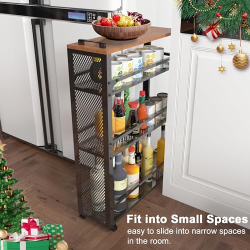 2026 New, Slim Kitchen Storage Cart, 3-Tier Metal Rolling Utility Cart Mesh Basket, Multifunction Wire Basket Shelf Trolley for Home Laundry, Bathroom, Living Room, Black - color: Black