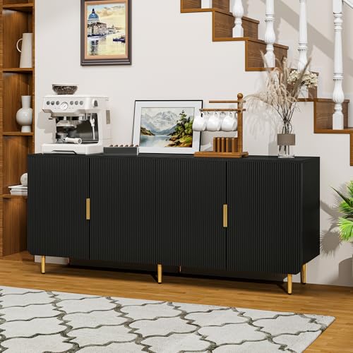 65" Fluted Sideboard Buffet Cabinet with Storage, Console Cabinet with 4 Doors & Adjustable Shelves, Modern Buffet Table for Kitchen Dining Living Room Hallway‌ Entryway, Black - color: Black