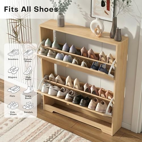 Nicetree Shoe Cabinet with 2 Flip Drawers, Narrow Shoe Organizer Cabinet, Freestanding Shoe Rack Cabinet, Modern Shoe Storage Cabinet for Entryway, Hallway, Foyer Natural Oak with Hook - color: Natural Oak, style: 2-Drawers with Hook