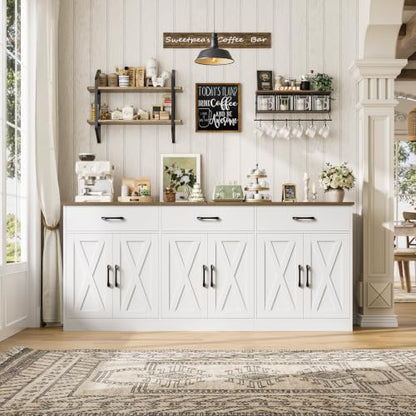 HOSTACK 71"W Farmhouse Kitchen Sideboard Buffet Cabinet with Storage, White | Large Coffee Bar Cabinet with 3 Wide Drawers, Long Buffet Table with Shelves, Kitchen Storage Cabinet for Dining Room - color: White