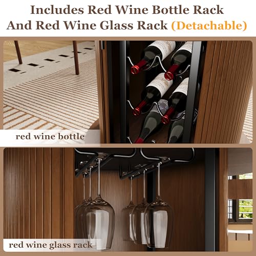 Wildhome Round Dining Table for 2-3, 31 Inch Dining Room Kitchen Table with 2-Tier Storage Shelf & Wine Rack, Modern Farmhouse Fluted Wood Slide Door Dinner Furniture,Circle(Non scalable-32 In-Walnut) - color: Non-scalable-32 Inch-walnut