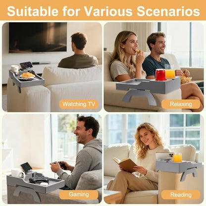 Couch Arm Table Tray, 15.3" x 9.8" Large Bamboo Couch Arerest Table for Cup Holder, Adjustable Sofa Arm Clip Tray Table with Rotated Phone Holder - color: Gray